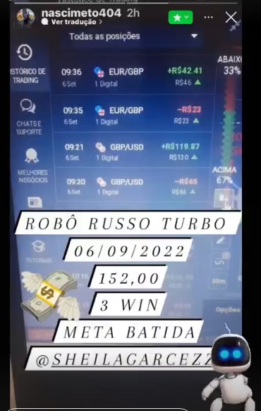 Resultados de clientes que usaram o Robô Russo Turbo - prints de tela com lucros em operações no mercado financeiro.