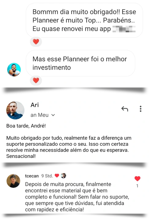 Depoimentos de clientes Meu Planner Financeiro.